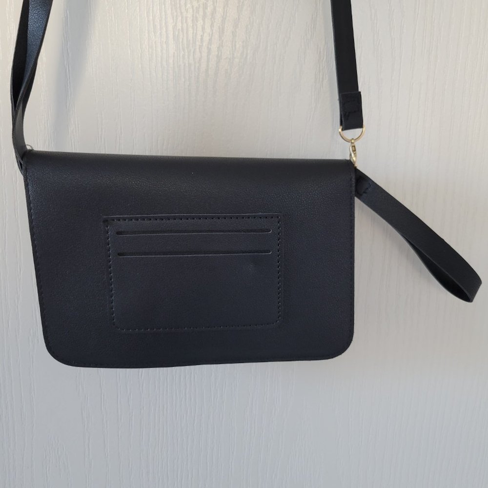 Small Black Leather Shoulder Purse Brown Leaf Autumn Wrist Strap Handbag Pocket - Picture 6 of 6